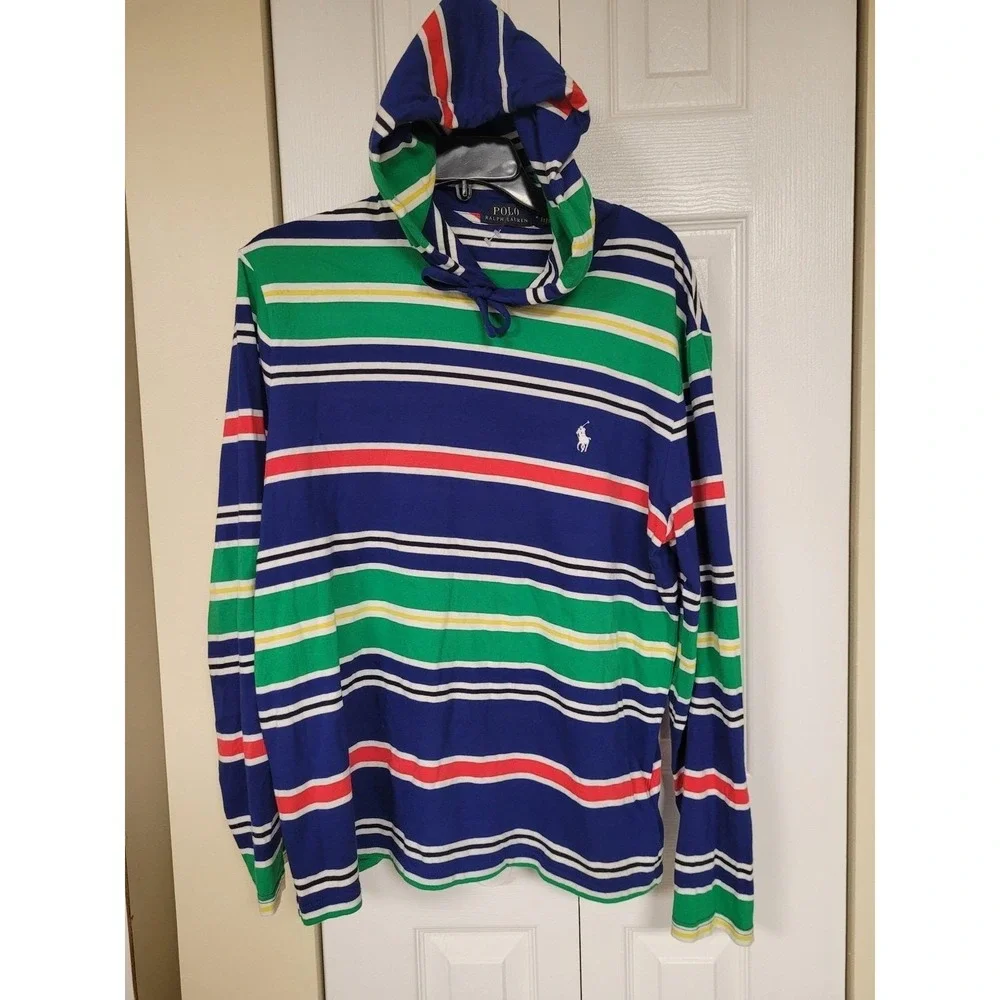 Polo Ralph Lauren Mens Striped Hoodie Long Sleeve Pullover Top Colligiate Size M